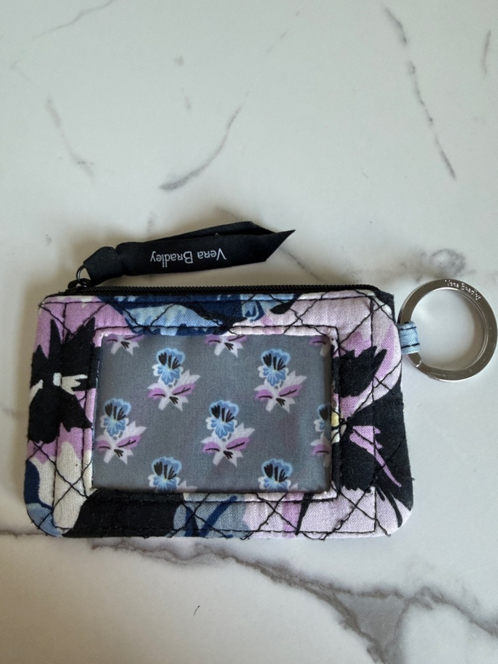 Floral Quilted ID Card Holder Keyring - Black & Lavender